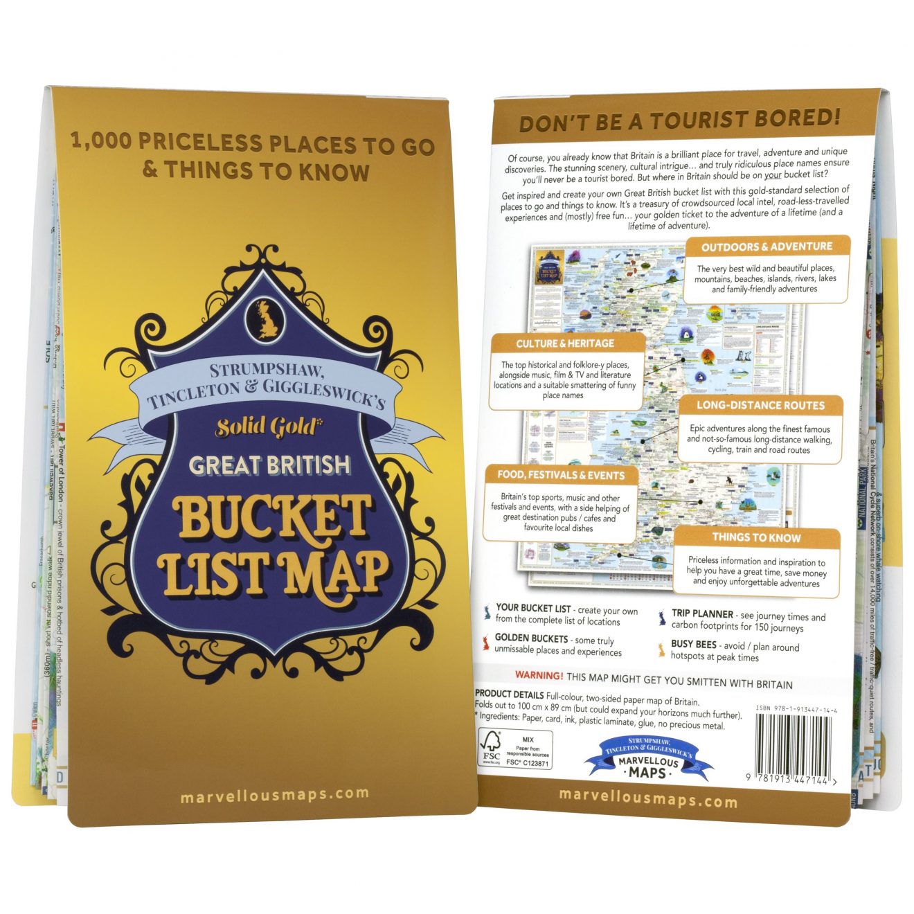 Solid Gold Great British Bucket List Map 1000 Places To See in